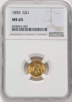 1855 G$1 Type Two Gold Dollar NGC MS65