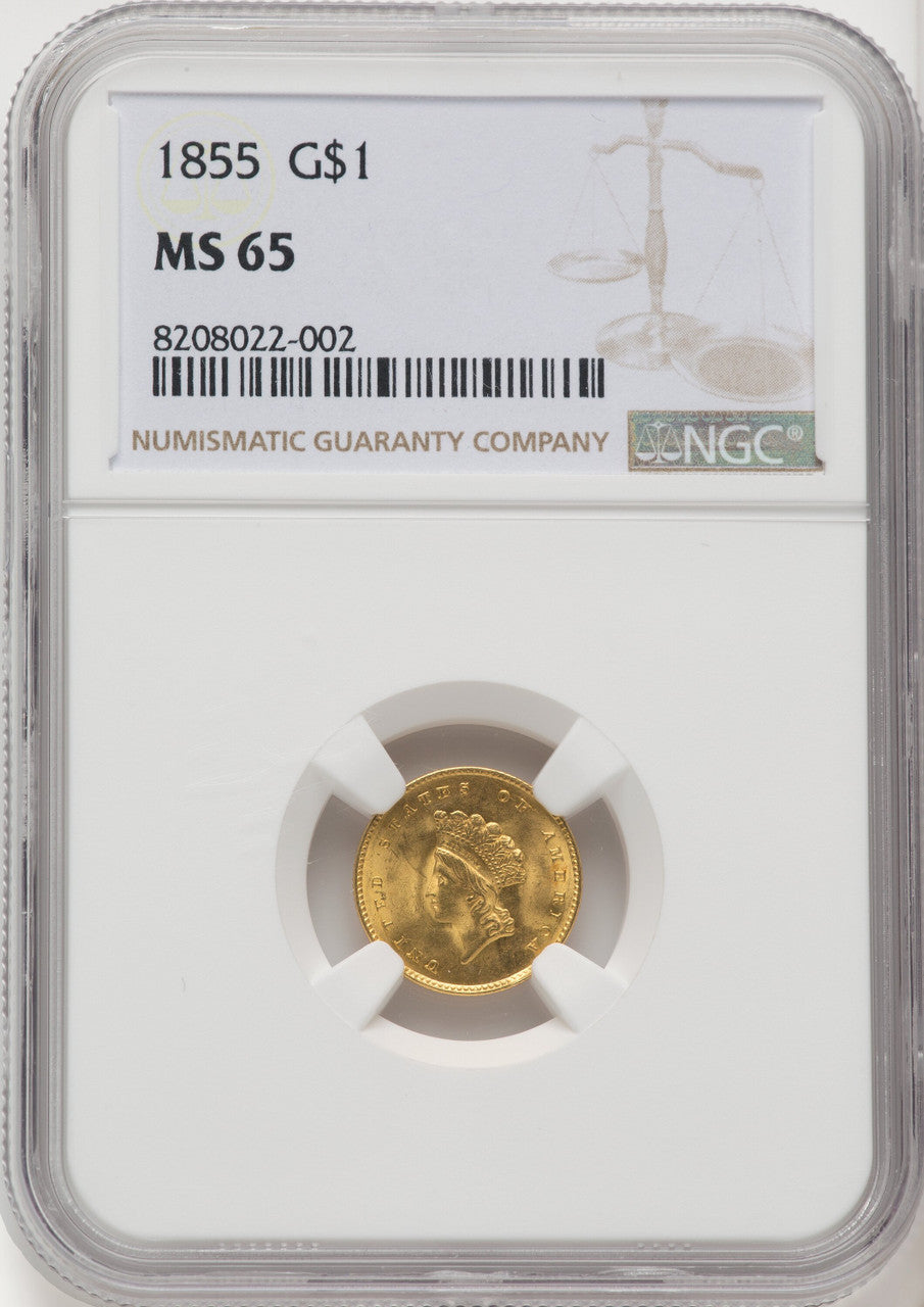 1855 G$1 Type Two Gold Dollar NGC MS65