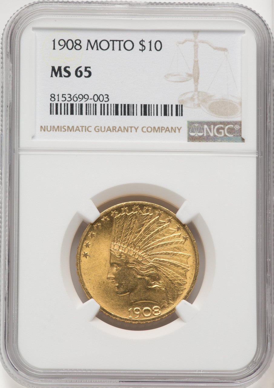1908 $10 MOTTO Indian Eagle NGC MS65 (572073001)