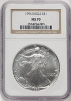 1994 S$1 Silver Eagle Brown Label NGC MS70