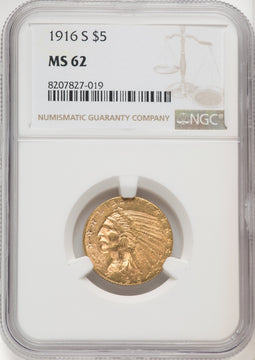 1916-S $5 Indian Half Eagle NGC MS62 (177084046)