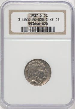 1937-D 5C Three-Legged FS-901 Buffalo Nickel NGC XF45