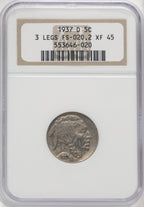 1937-D 5C Three-Legged FS-901 Buffalo Nickel NGC XF45