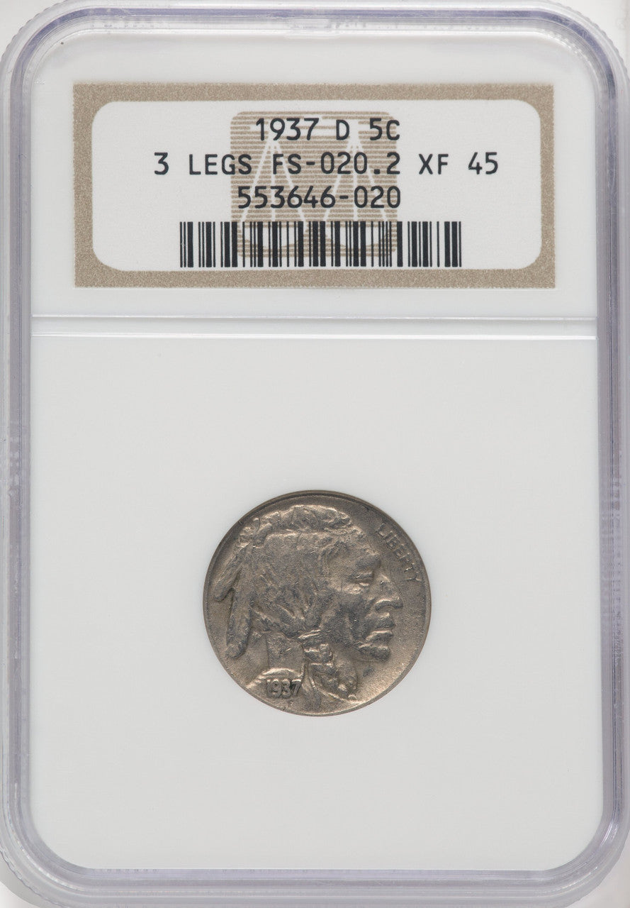 1937-D 5C Three-Legged FS-901 Buffalo Nickel NGC XF45