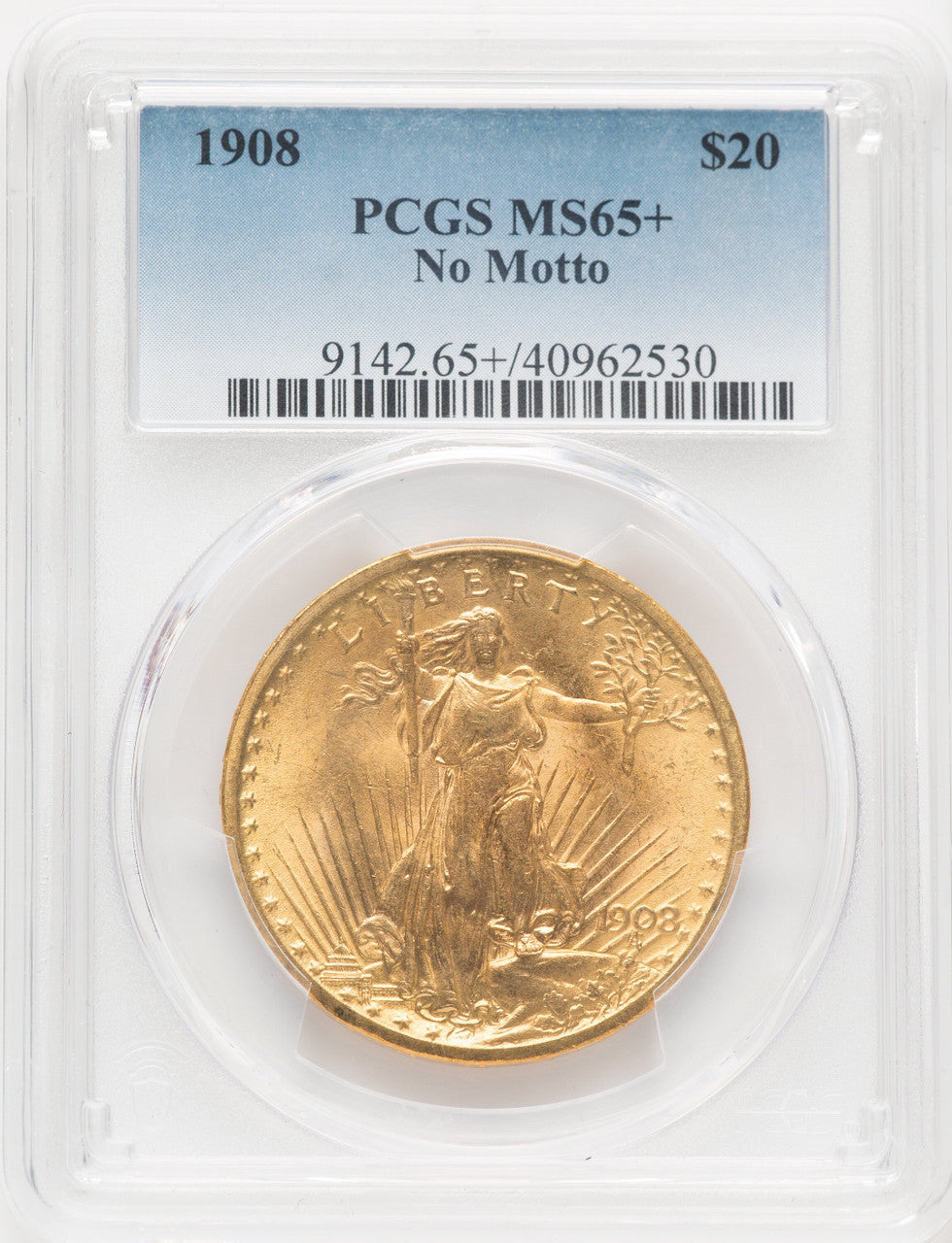 1908 $20 NO MOTTO Saint-Gaudens Double Eagle PCGS MS65+ (506087001)