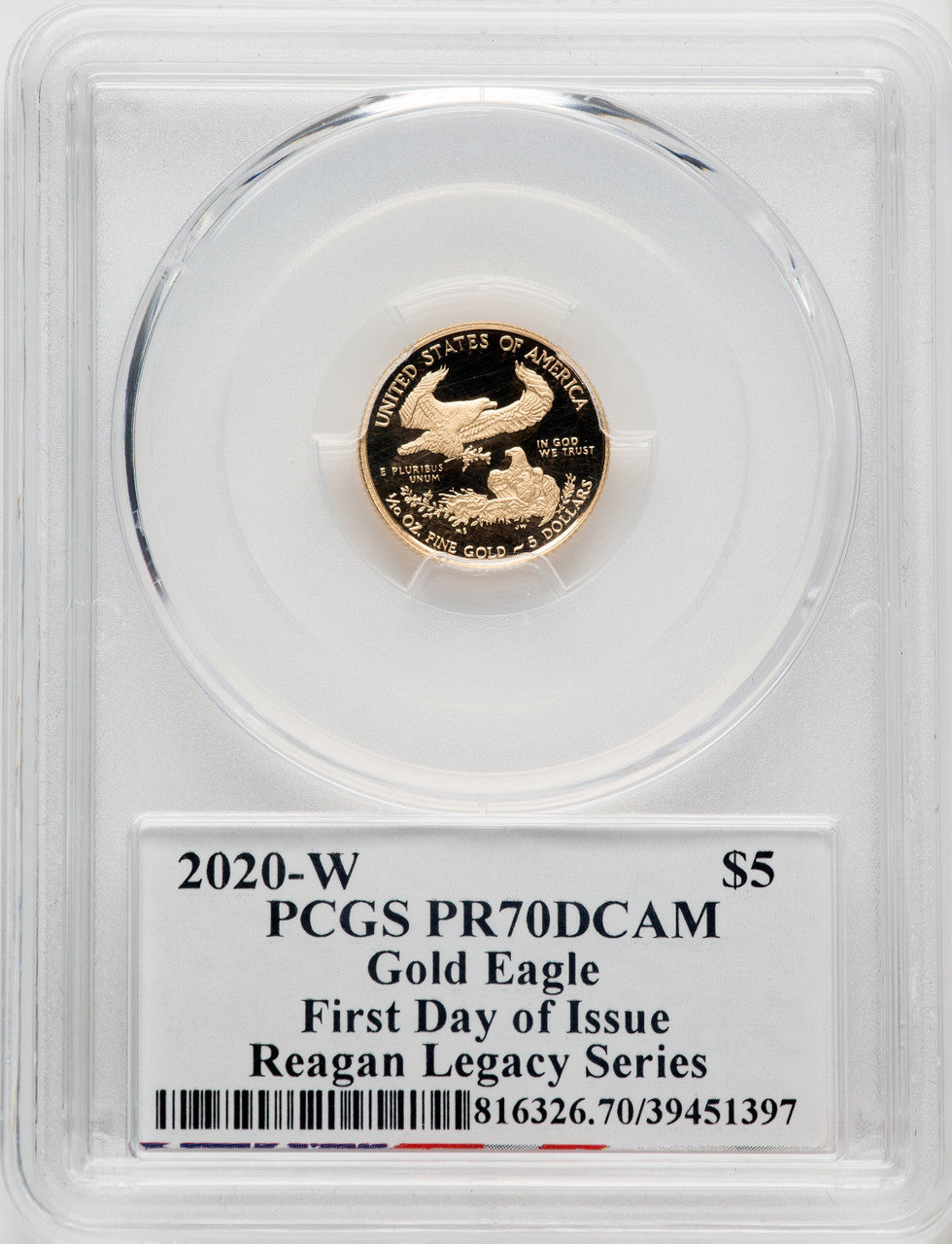2020-W $5 Tenth Ounce Gold Eagle FDI Reagan Legacy Series PCGS PR70