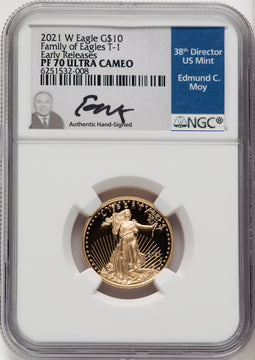 2021-W G$10 Quarter Ounce Gold Eagle Type One First Strike ER NGC PF70 Moy Signed