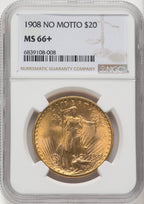 1908 $20 NO MOTTO Saint-Gaudens Double Eagle NGC MS66+ (519725004)