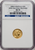 2008-W $5 Burnished Tenth-Ounce Gold Buffalo First Strike ER Blue NGC MS70