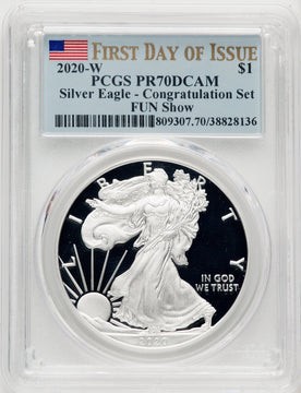 2020-W S$1 Silver Eagle FDI FUN Show PRDC FDI Flag PCGS PR70
