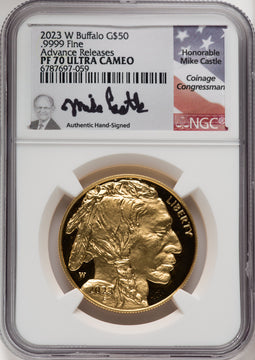 2023-W 1 Oz Gold Buffalo Advanced Release Mike Castle NGC PF70
