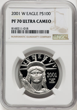 2001-W $100 One-Ounce Platinum Eagle Statue of Liberty Brown Label NGC PF70 (519548125)