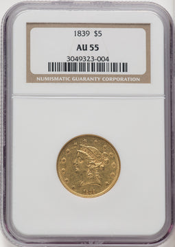 1839 $5 Liberty Half Eagle NGC AU55