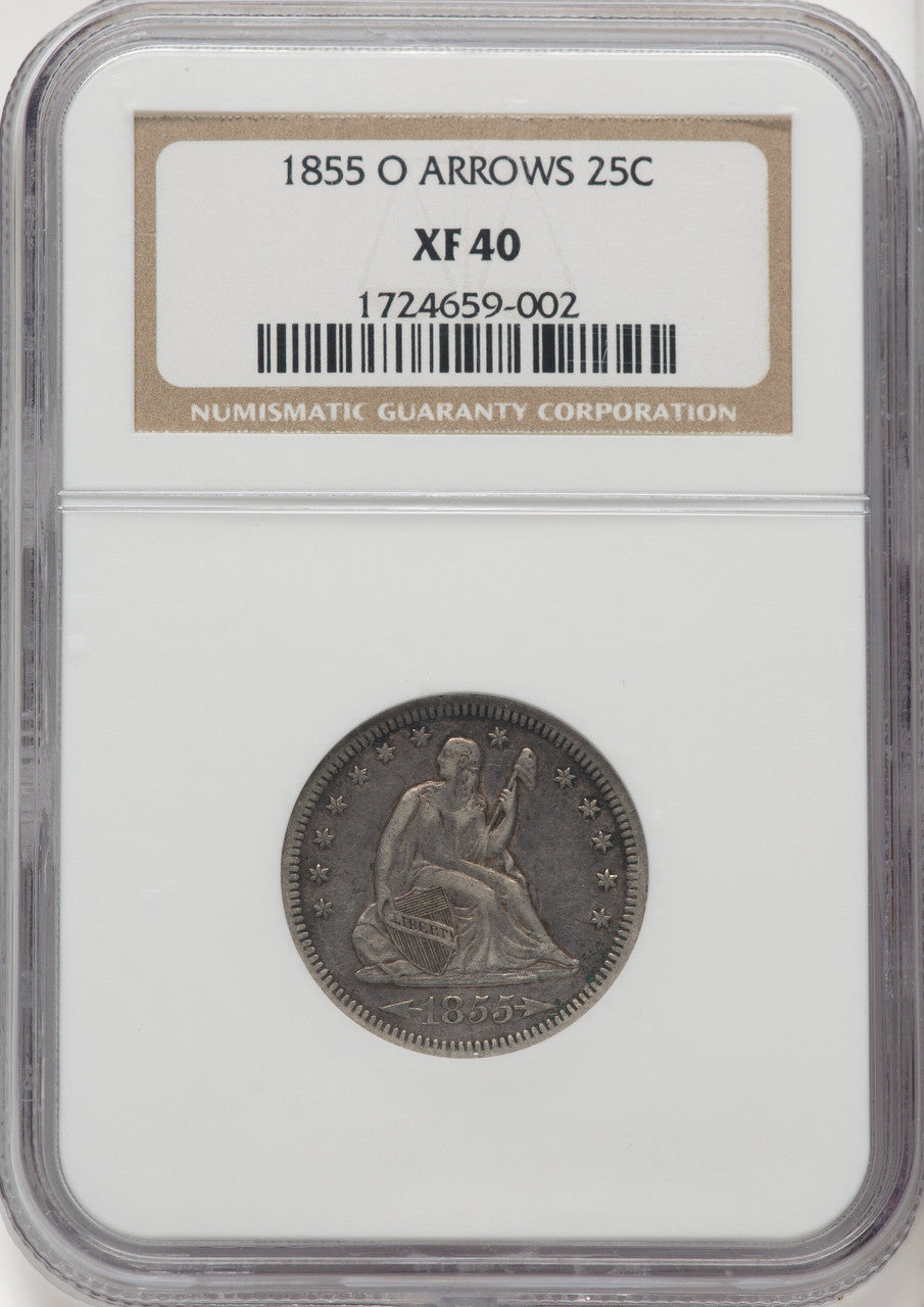 1855-O 25C ARROWS Seated Quarter NGC XF40