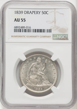 1839 50C DRAPERY Seated Half Dollar NGC AU55