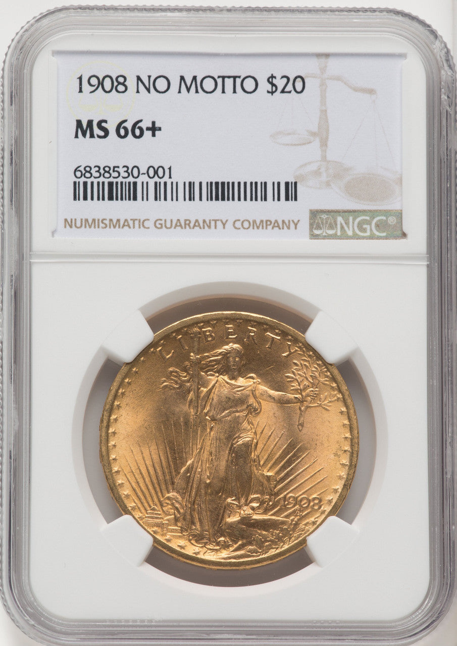 1908 $20 NO MOTTO Saint-Gaudens Double Eagle NGC MS66+ (519737002)