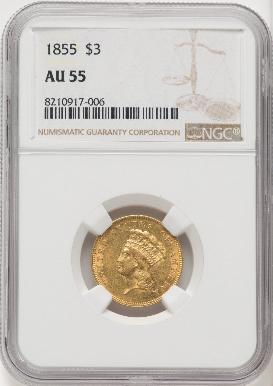 1855 $3 Three Dollar Gold Pieces NGC AU55 (769929014)