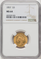 1857 $3 Three Dollar Gold Pieces NGC MS64