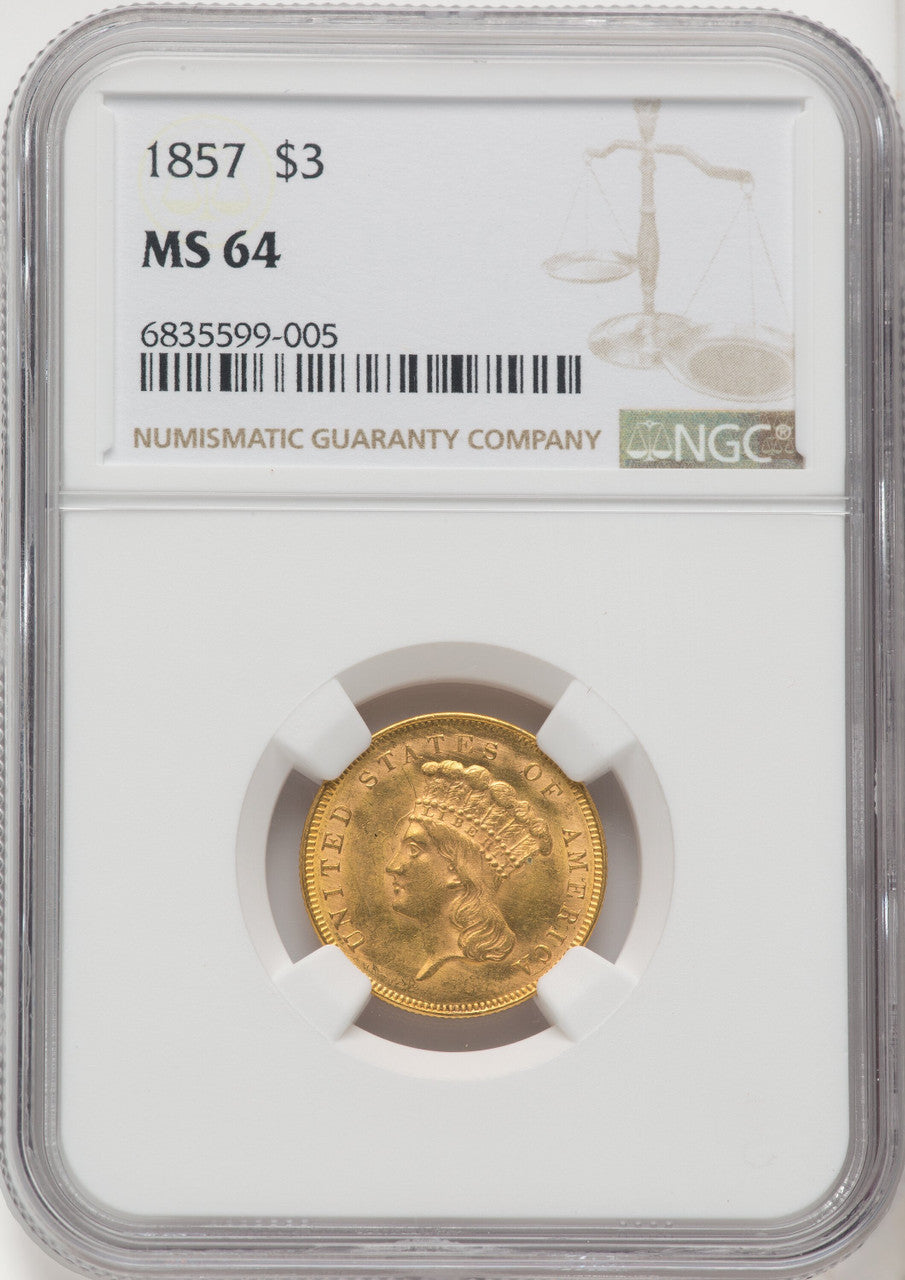 1857 $3 Three Dollar Gold Pieces NGC MS64