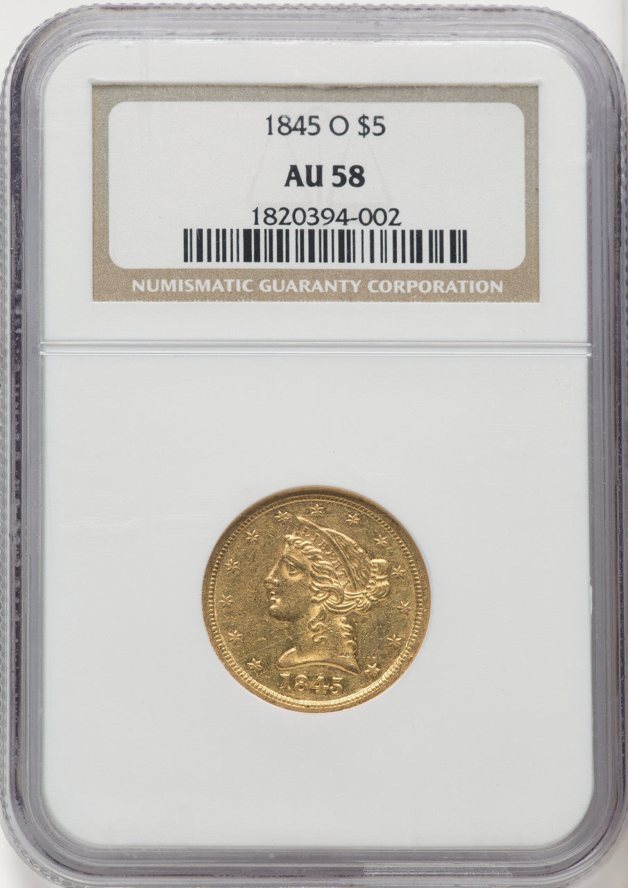 1845-O $5 Liberty Half Eagle NGC AU58