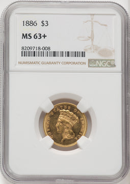 1886 $3 Three Dollar Gold Pieces NGC MS63+