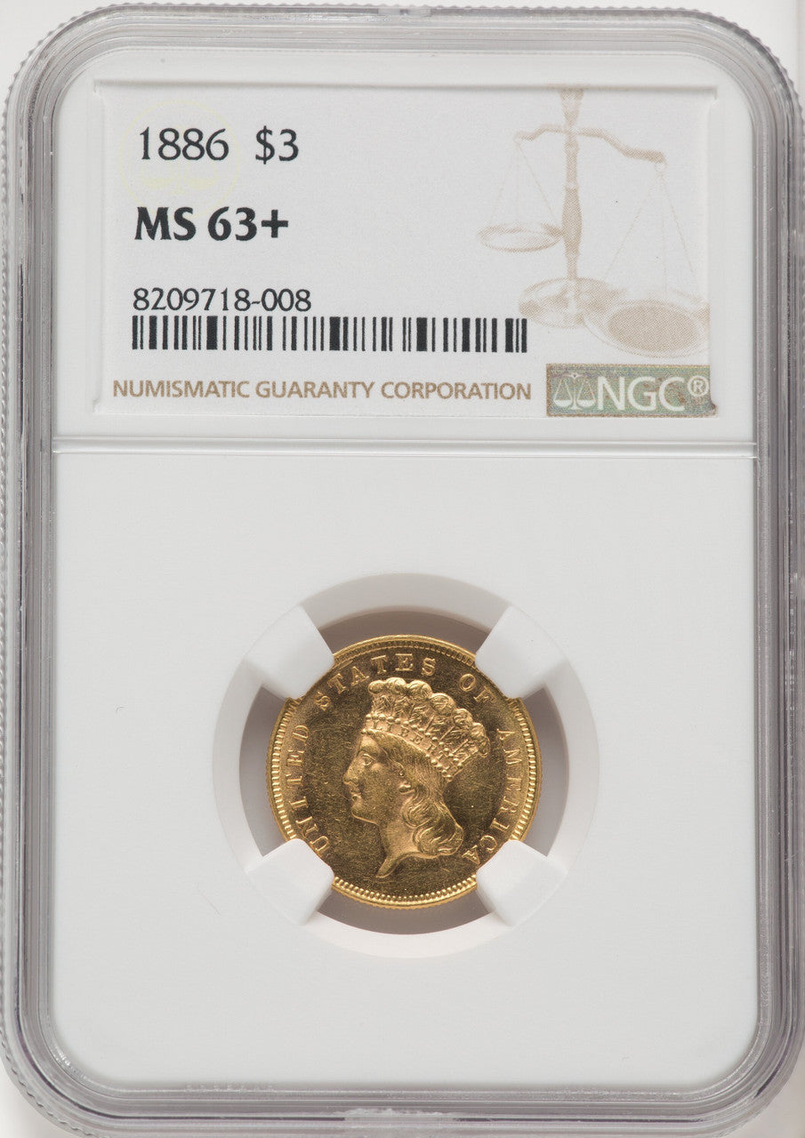 1886 $3 Three Dollar Gold Pieces NGC MS63+