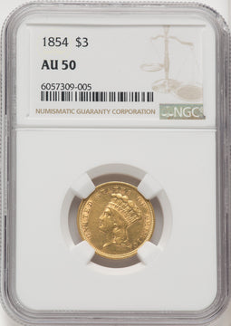 1854 $3 Three Dollar Gold Pieces NGC AU50