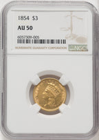 1854 $3 Three Dollar Gold Pieces NGC AU50