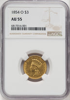 1854-O $3 Brown Label Three Dollar Gold Pieces NGC AU55