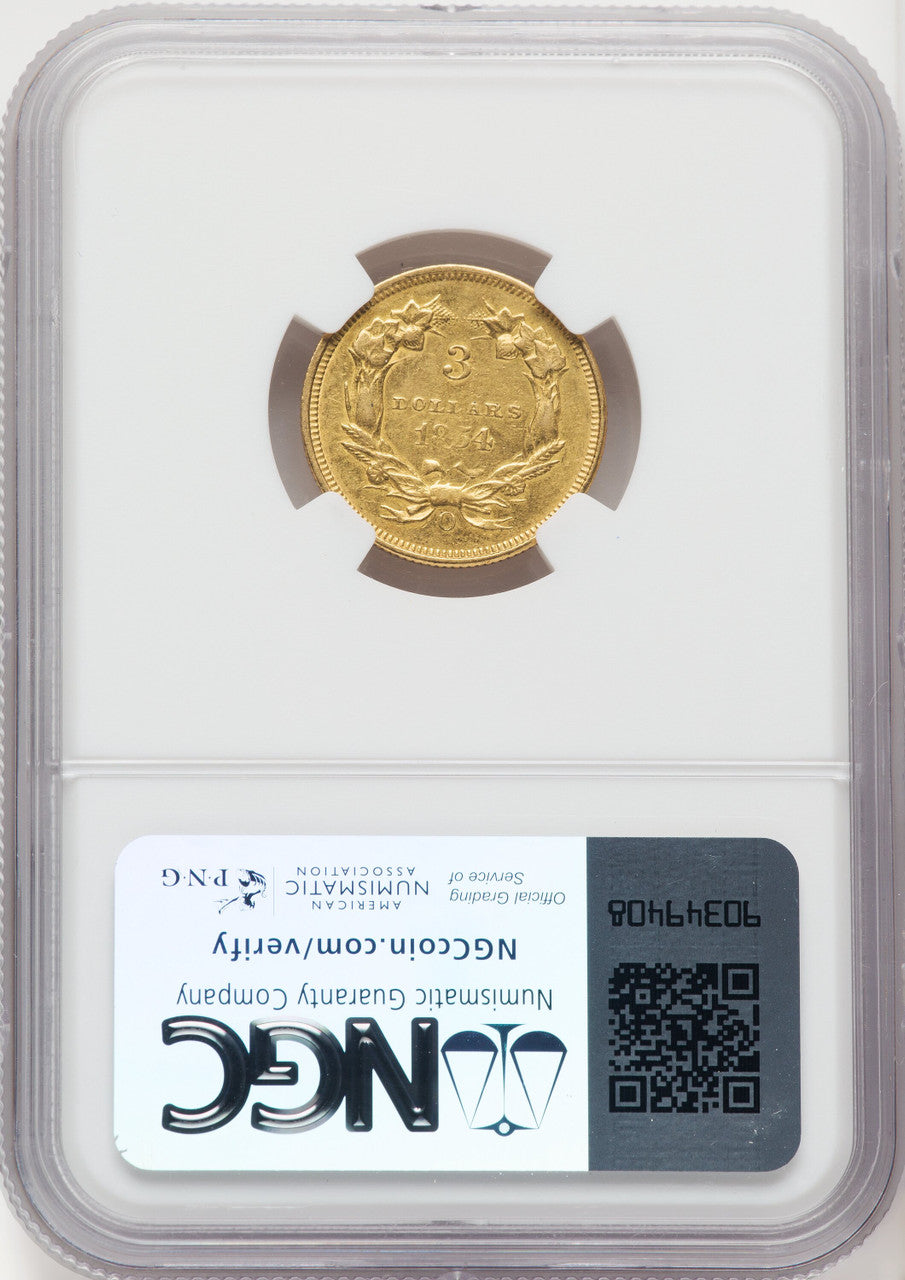 1854-O $3 Brown Label Three Dollar Gold Pieces NGC AU55