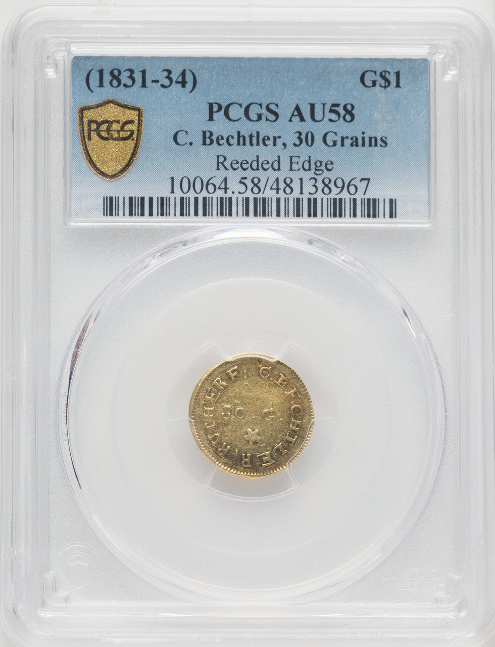 1831-34 C. Bechtler Dollar 30G. Territorial Gold PCGS AU58