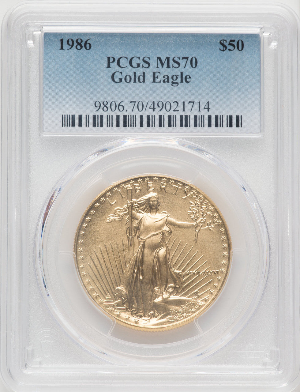 1986 $50 One-Ounce Gold Eagle Blue Gradient PCGS MS70 (768247001)