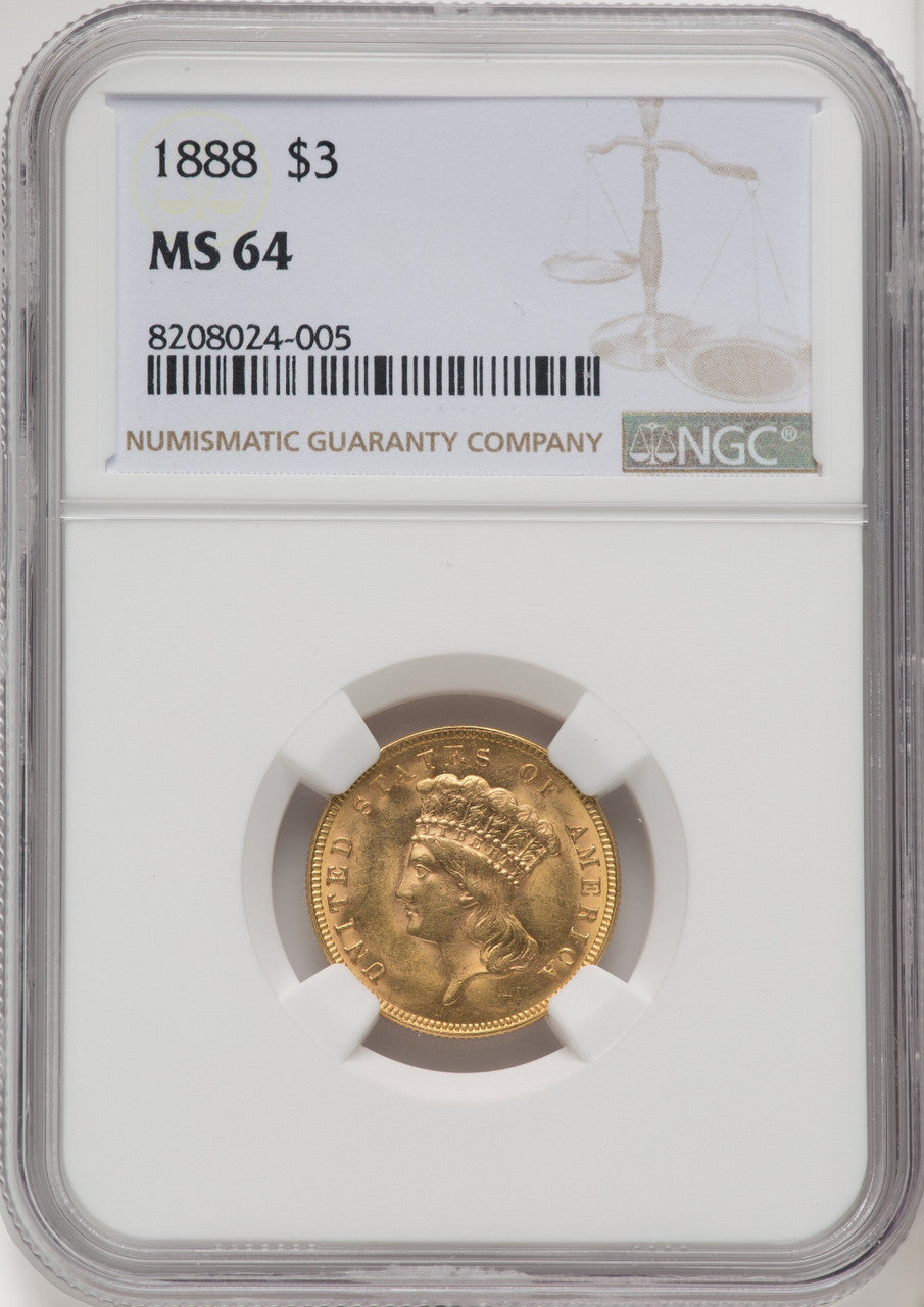 1888 $3 Three Dollar Gold Pieces NGC MS64