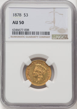 1878 $3 Three Dollar Gold Pieces NGC AU50
