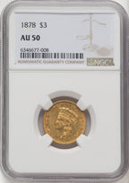 1878 $3 Three Dollar Gold Pieces NGC AU50