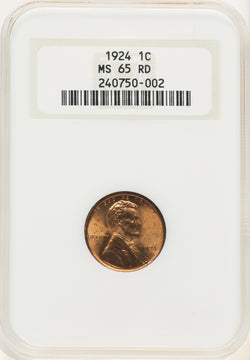 1924 1C RD Lincoln Cent NGC MS65