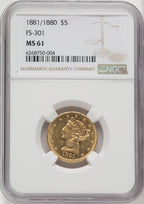 1881/0 $5 Liberty Half Eagle NGC MS61