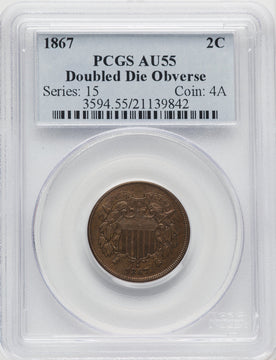 1867 Doubled Die BN Two Cent Pieces PCGS AU55