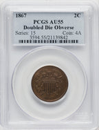 1867 Doubled Die BN Two Cent Pieces PCGS AU55