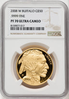 2008-W $50 One-Ounce Gold Buffalo .9999 Fine Gold Brown Label NGC PF70 (767981002)