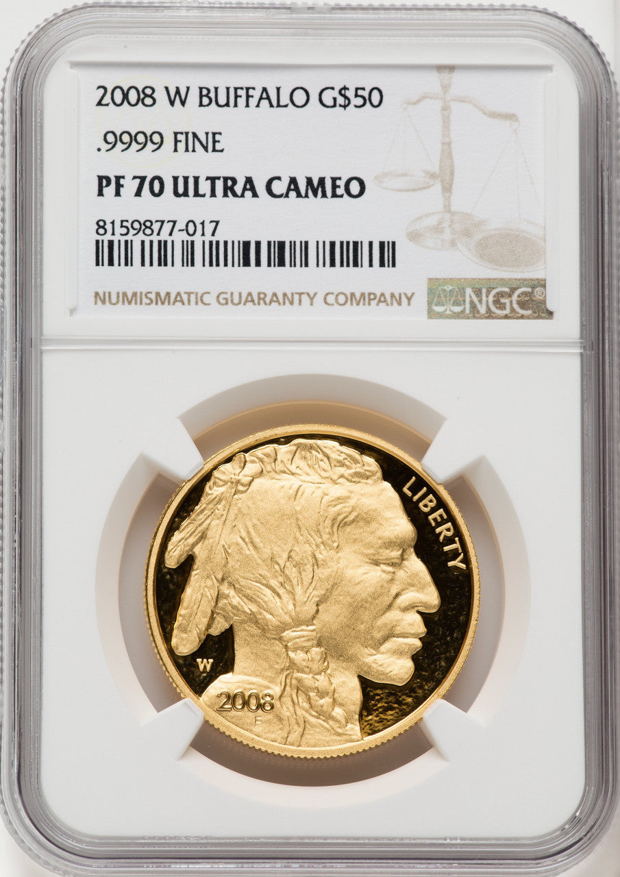 2008-W $50 One-Ounce Gold Buffalo .9999 Fine Gold Brown Label NGC PF70 (767981002)