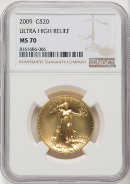 2009 $20 One-Ounce Gold Ultra High Relief Twenty Dollar Brown Label NGC MS70 (769734002)