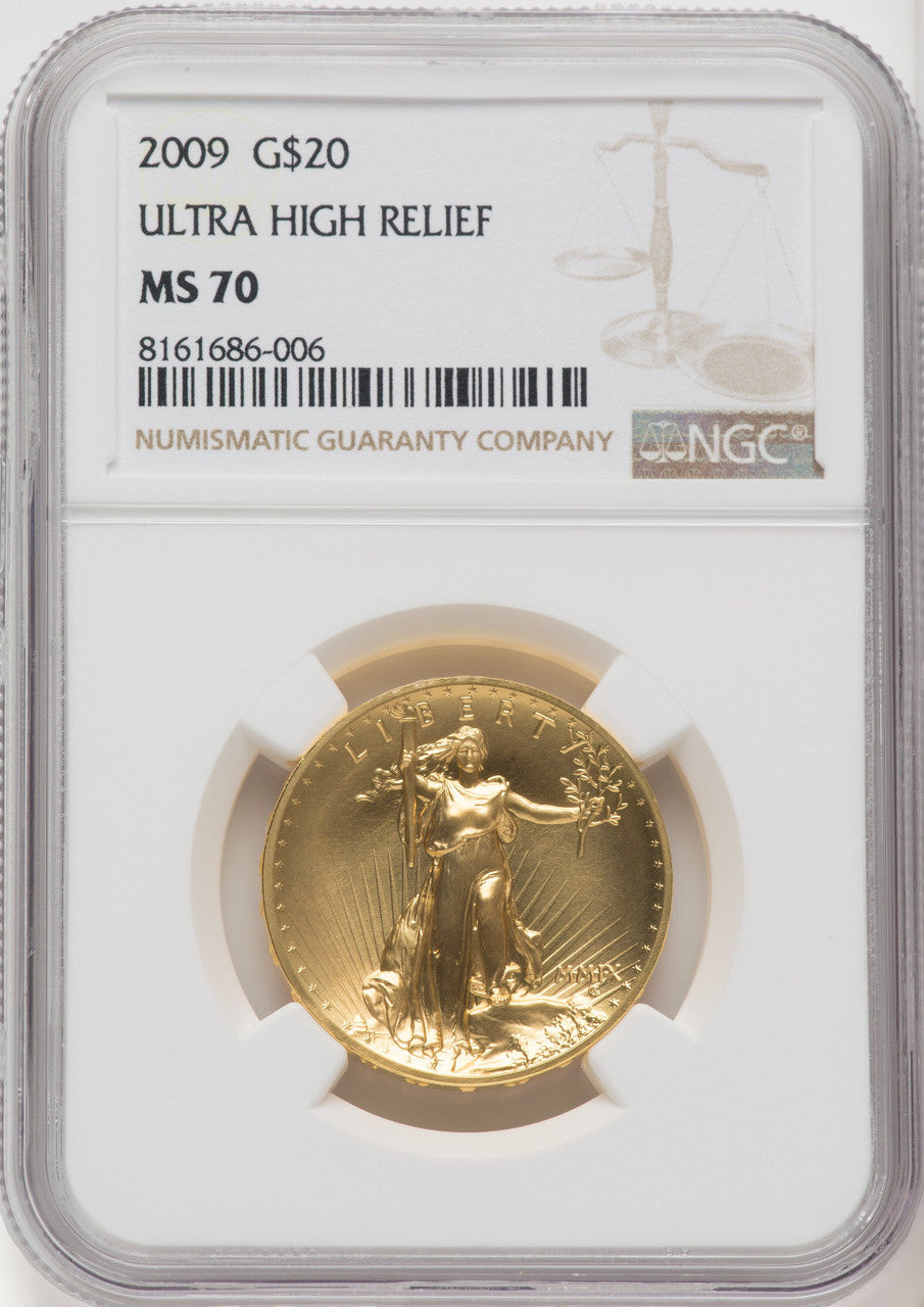 2009 $20 One-Ounce Gold Ultra High Relief Twenty Dollar Brown Label NGC MS70 (769734002)