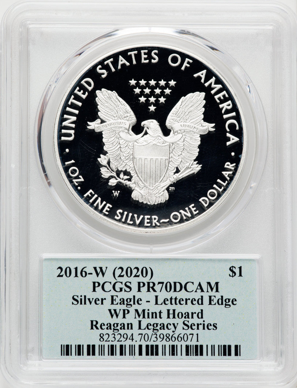 2016-W Silver Eagle Lettered Edge 30th Anniversary Reagan Blue Reagan Legacy Series PCGS PR70