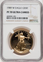 1989-W $50 One-Ounce Gold Eagle Brown Label NGC PF70