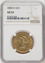 1858-O $10 Liberty Eagle NGC AU53