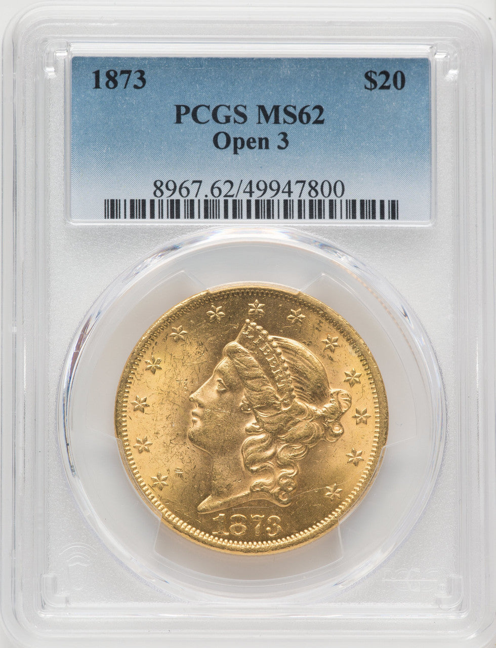 1873 $20 OPEN 3 Liberty Double Eagle PCGS MS62 (506565006)