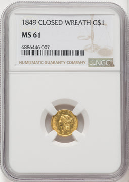 1849 G$1 Closed Wreath Gold Dollar NGC MS61