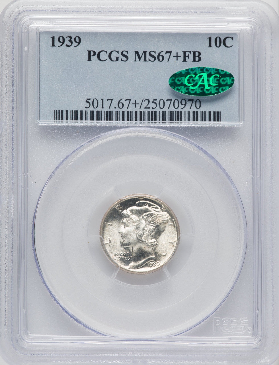 1939 10C FB CAC Mercury Dime PCGS MS67+
