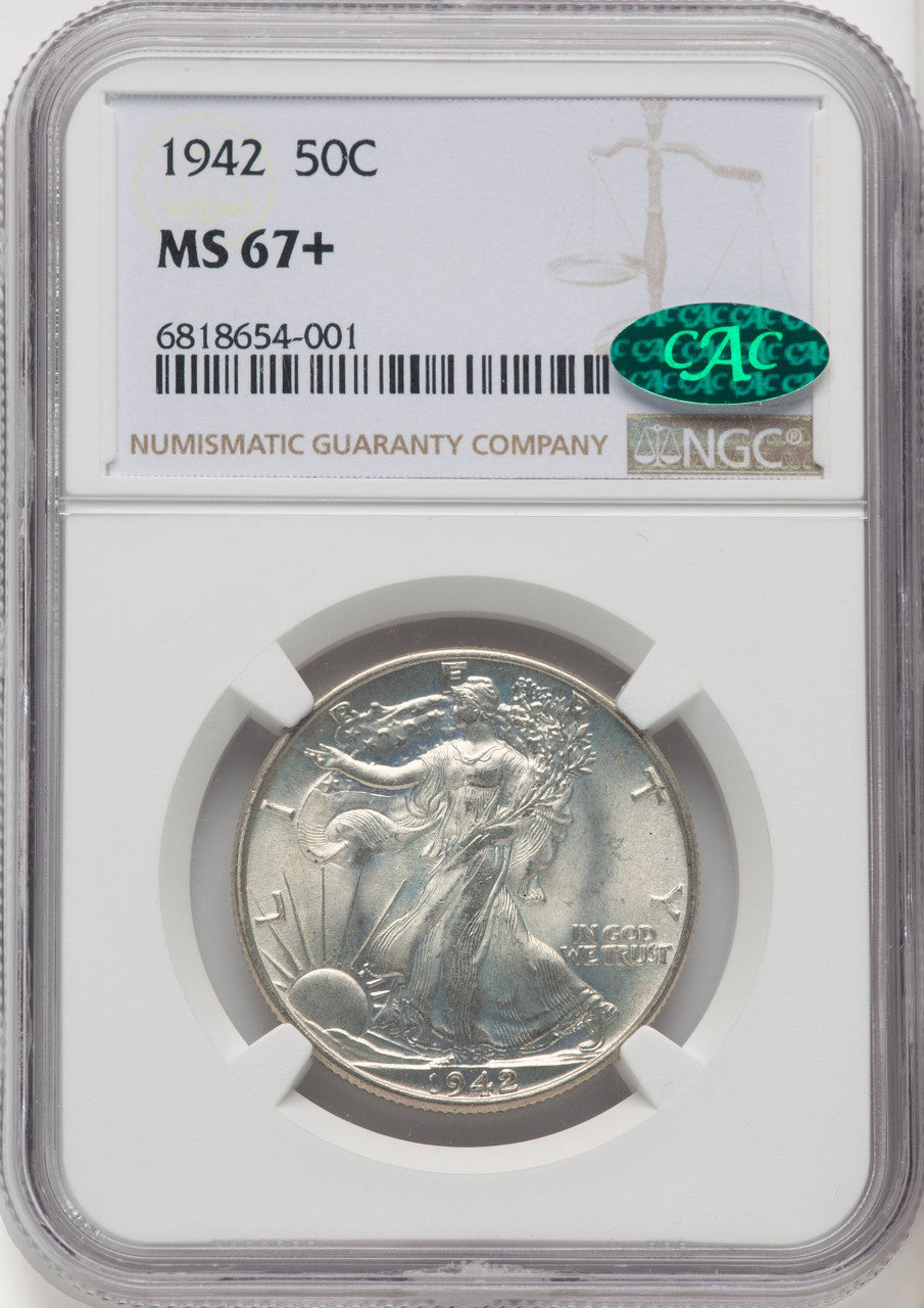 1942 50C CAC Walking Liberty Half Dollar NGC MS67+